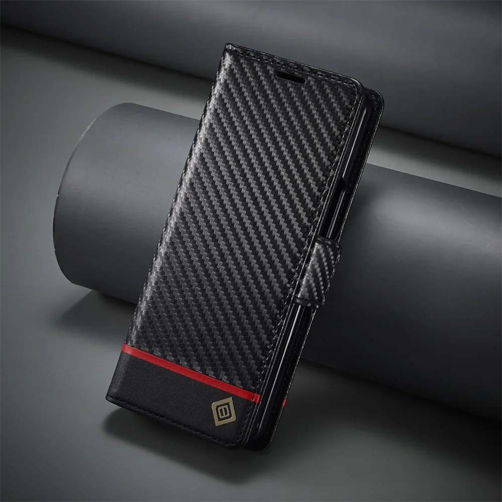 Leather Wallet Card Holder Phone Cover - Penutup Kulit PU Serat Karbon Mewah