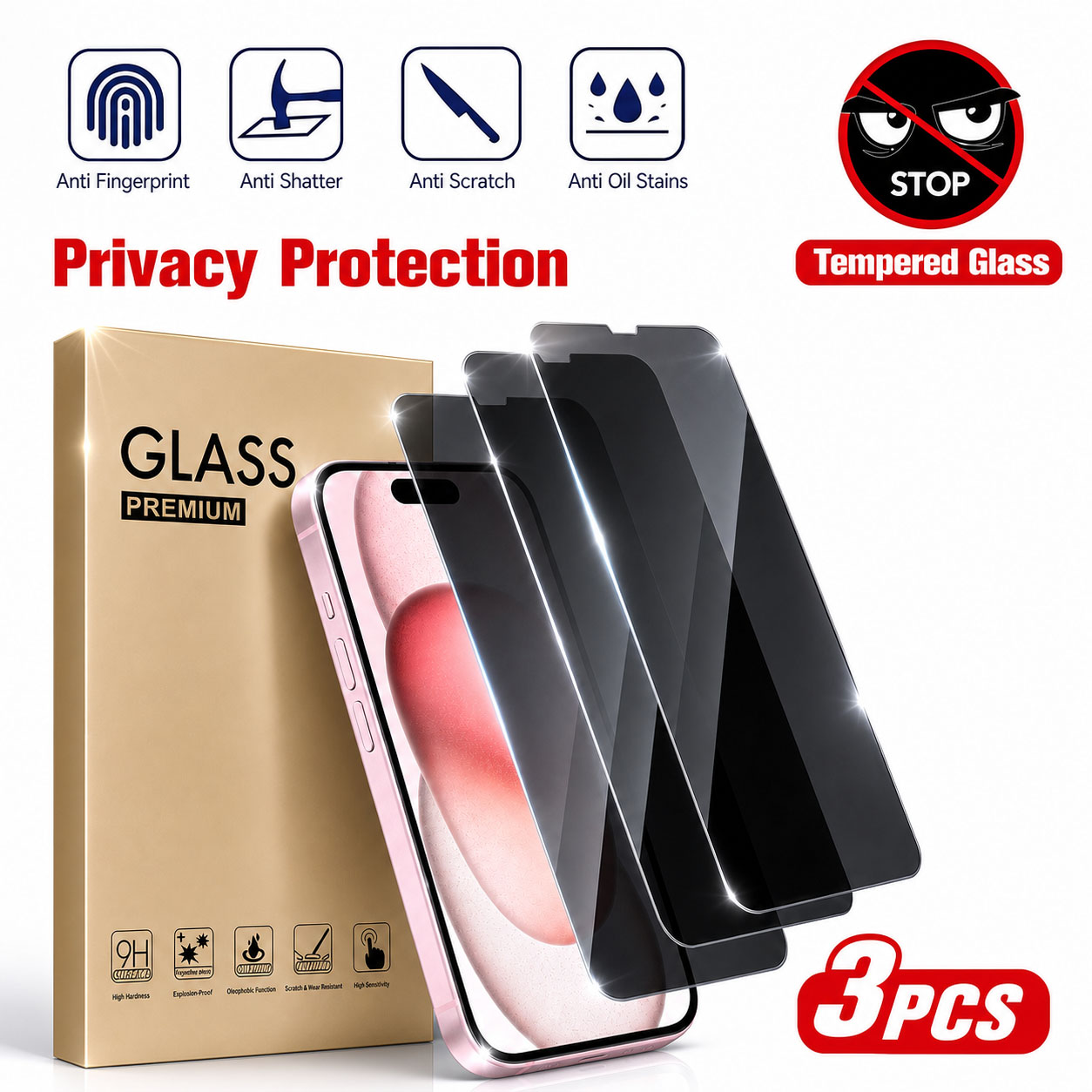 Anti Spy Privacy Glass Case - 3 Buah Pelindung Layar Privasi, Kompatibel